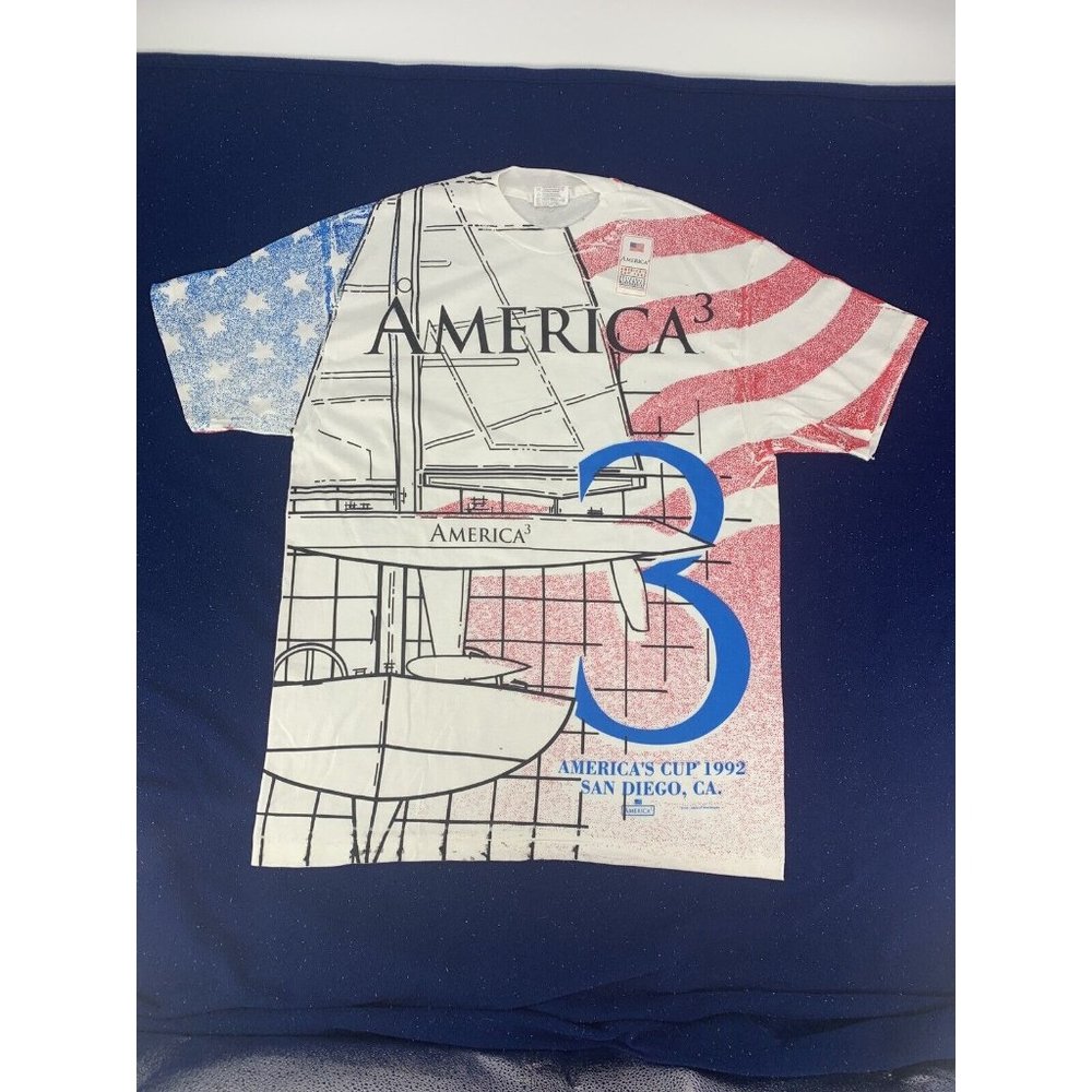 Vtg Hanes America's Cup A3 Stars Stripes 1992 Blueprint T-Shirt L All Over Print